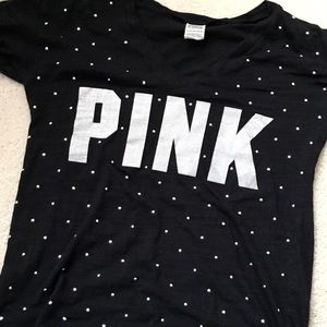 PINK VS Black T-Shirt with Glitter Logo and Silver Studs XS